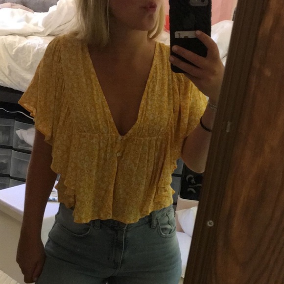 yellowy orange printed blouse top - Picture 1 of 3